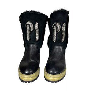 P1 Womens Black Leather Shearling Lining Lug Sole Mid Calf Boots Sz EU38 RARE